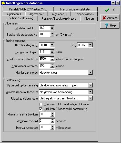 2015 PaHaSOFT Koploper 8.7 Pagina 263 van 417 Instellingen per database: Snelheid / Bestemming Hier leg je de gegevens vast voor het automatisch ijken van de snelheid van een locomotief.