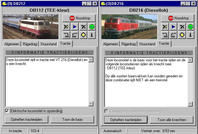 2015 PaHaSOFT Koploper 8.7 Pagina 339 van 417 Rijden in multitractie Hierboven zie je twee locomotieven die in tractie rijden. Er is nu een extra tabblad met de gegevens over het rijden in tractie.