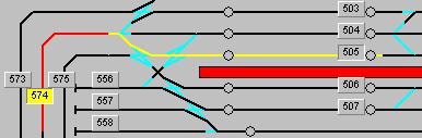 2015 PaHaSOFT Koploper 8.7 Pagina 398 van 417 Werking Kijk naar onderstaande afbeelding: Er rijdt een trein vanuit blok 574 naar blok 505.