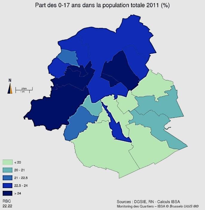 Omgekeerd hebben de gemeenten van de zuidoostelijke kwadrant een oudere bevolking: de gemiddelde leeftijd is duidelijk hoger in Ukkel, Sint-Pieters-Woluwe en Watermaal-Bosvoorde (42,4 jaar, dat is 9