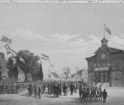 Het bezoek van Zijne Koninklijke Hoogheid Koning Willem III aan Zaandam op 17 augustus 1855. Het Stadhuisplein met het versierde stadhuis en erepoort.