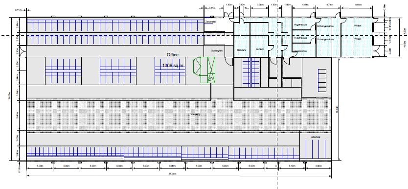 3.2 Stalontwerpen, getekend met CoBuS Duurzaam veehouderijsysteem, ontwerp voor 65 koeien (Aker et al., 2007). Het ontwerp bestaat uit een 3+1 rijige ligboxenstal, zie Figuur 2 en Figuur 3.