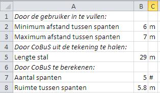 Programmatuur voor het berekenen van het aantal spanten in een stal. Figuur 34 is een screenshot uit MS Excel.