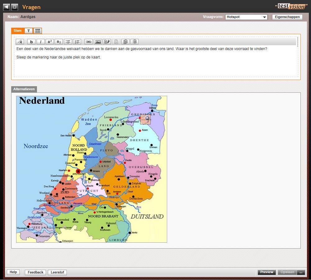 6.3 Voorbeelden en tips Een hotspotvraag met één hotspot ziet er in het onderdeel Vraagconstructie van TestVision Online als volgt uit: Als ontwikkelaar plaatst u de hotspot(s) direct op de correcte