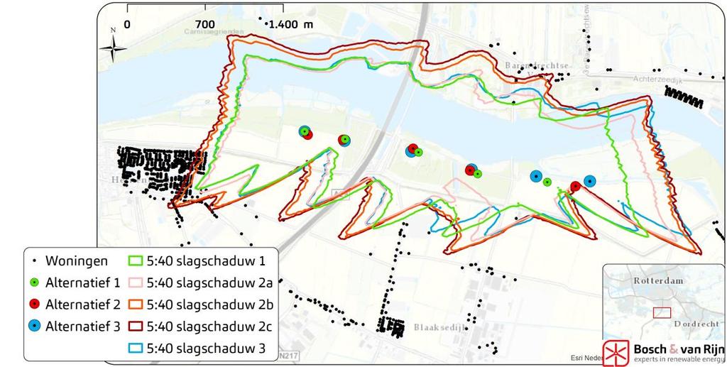 Figuur 23: 5:40u slagschaduwcontouren van de alternatieven. Hierbij zijn ook woningen van derden weergegeven.