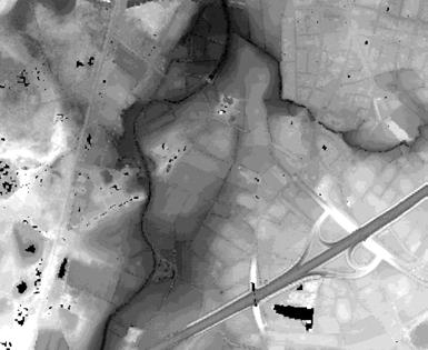 te interpoleren punten lasermetingen zoekgebied gridgrootte Wanneer binnen het zoekgebied geen metingen worden gevonden krijgt het te interpoleren punt geen hoogte maar een zgn.