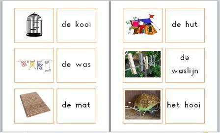 Hierna spelen we memory: de leerling zoekt de juiste woorden bij de plaatjes. De zinsbouw oefenen we door de kaarten door elkaar te schudden en op tafel te plaatsen.