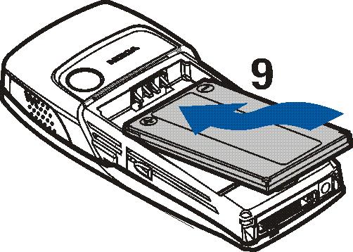 6. Plaats de batterij terug (9). 7. Schuif de cover terug op de telefoon (10).