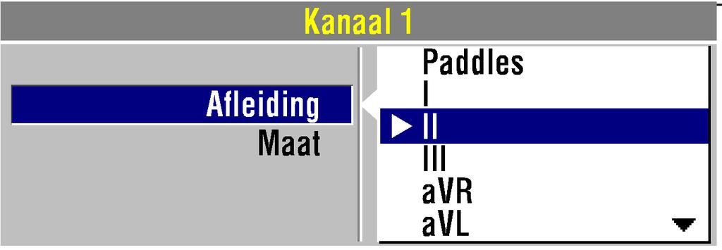 Bewaking Zo selecteert of wijzigt u de ECGafleiding met het selectiewiel: 1 Markeer en selecteer KANAAL 1 en vervolgens AFLEIDING om de primaire ECGafleidingskeuzemogelijkheden te verkrijgen.