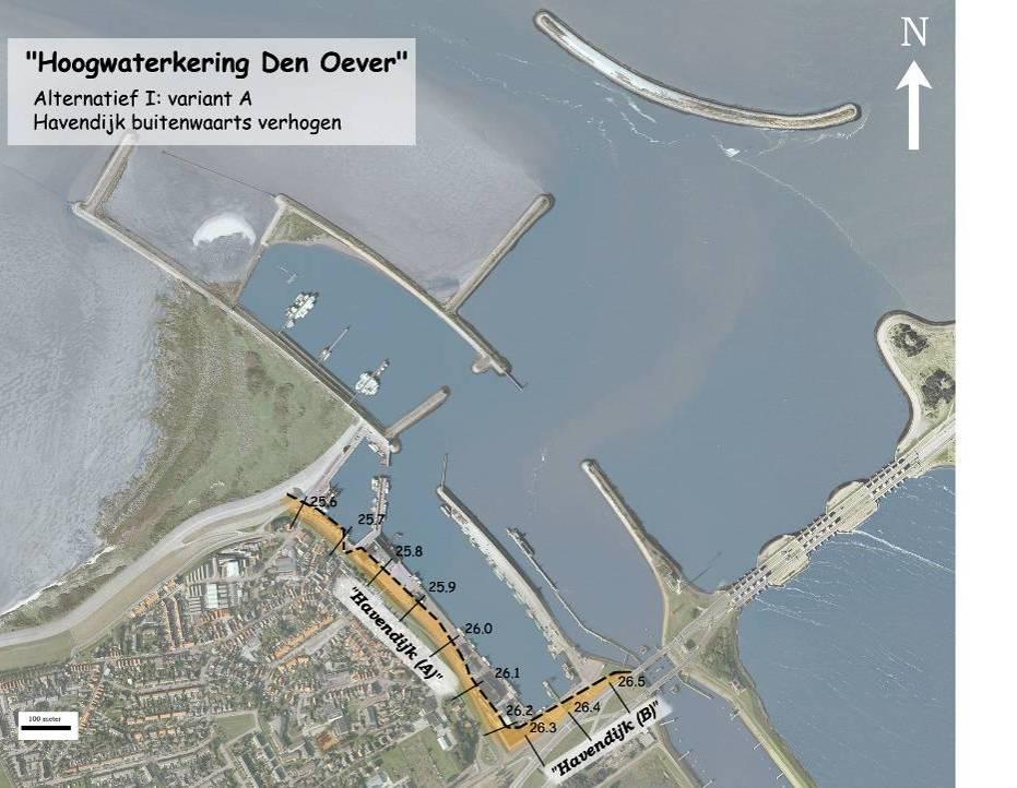 Met een talud van 1:3 (1 meter hoger met dit talud betekent 3 meter breder) geeft dit op het haventerrein een ruimtebeslag van circa 20-25 meter.