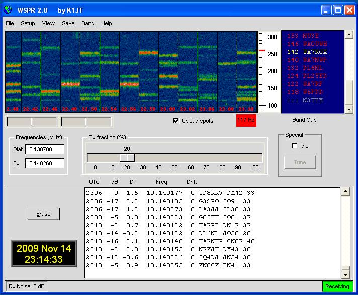 Het WSPR scherm De software zoekt in een bandje van 200 Hz naar mogelijke WSPR signalen WSPR bandjes zijn voor alle amateurbanden vastgelegd Iedere 2 minuten worden de resultaten in een