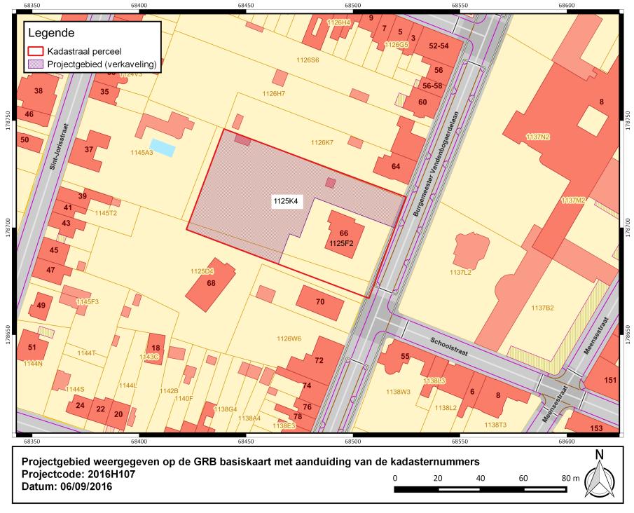 Figuur 1: Projectgebied weergegeven op de GRB basiskaart met aanduiding van de kadasternummers (bron: Geopunt). 2.