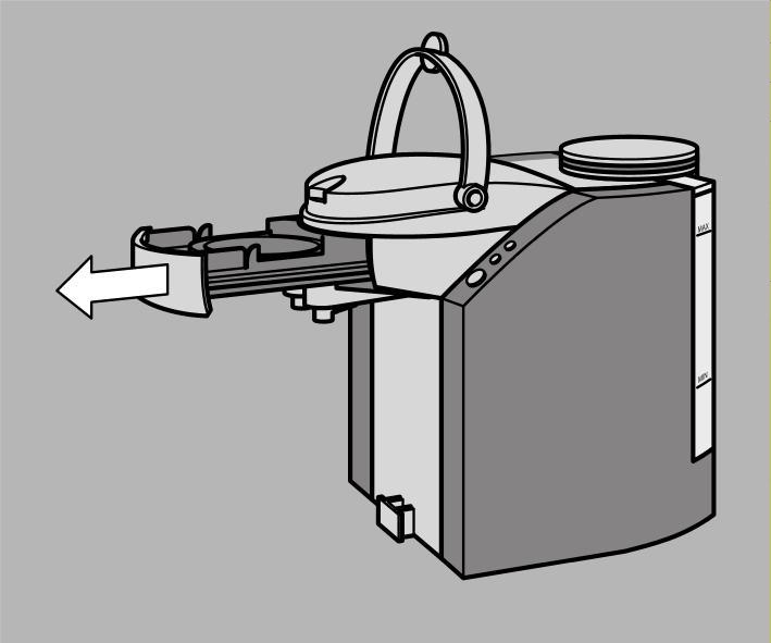 Zet het waterreservoir in de bevestiging op het apparaat (1.). Druk het waterreservoir tegen de behuizing tot hij inklikt (2.). De houders voor de koffiepads zijn te herkennen aan de hoogte.