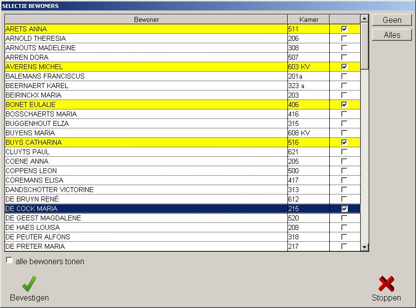 o afdruk enkele bewoners: Je dient je keuze duidelijk te maken door de bewoner aan te vinken en sluit af met Bevestigen.