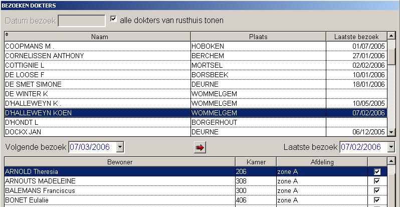 Nu zien men alle dokters die in de instelling komen. Men selecteert de dokter voor wie men de voorschriften wil afdrukken, Onderaan kan je dan de laatste bezoekdag doorschuiven met de rode pijl.