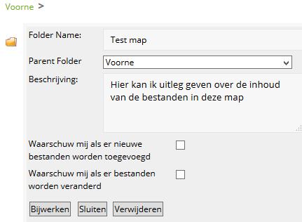 3.2 Bestaande mappen verplaatsen en verwijderen - selecteer de betreffende map: - Er opent een pop up scherm. Ga naar Parent Folder, selecteer hier de gewenste bovenliggende map.