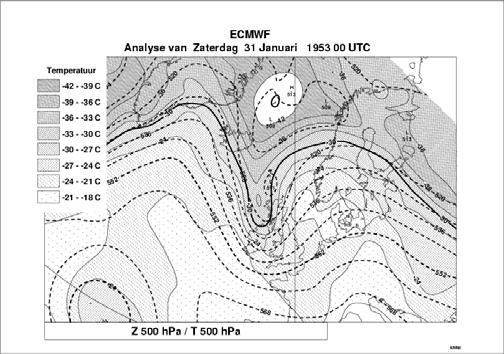 Figuur 4. De 500 hpa stroming en de temperatuur op 31 januari 00 UTC en 12 UTC.