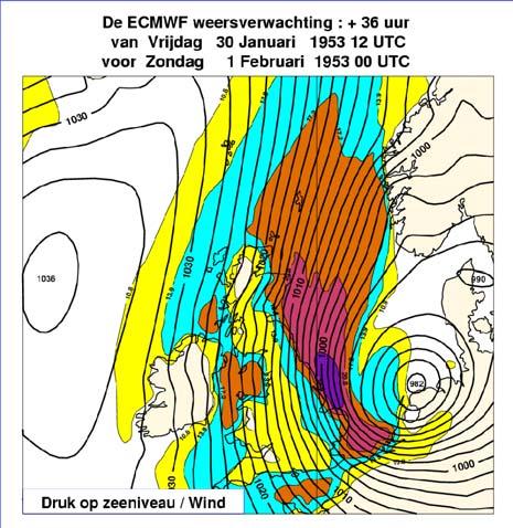 Drie ECMWF verwachtingen, van woensdag 29 januari 00 UTC (T+72), van donderdag 29 januari 12 UTC (T+60), en van vrijdag 30 januari 12 UTC (T+36) van luchtdruk op zeeniveau en de windsterkte voor