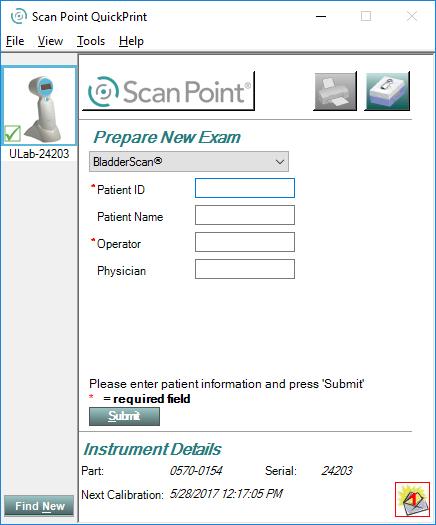7. Selecteer het instrument in Scan Point, controleer of het serienummer overeenkomt met dat van het instrument dat u gaat kalibreren en klik vervolgens op het kalibratietankpictogram. 8.