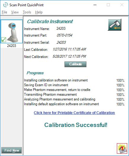 13. Als de kalibratiescan met succes is uitgevoerd, installeert Scan Point de instrumentsoftware opnieuw en wordt vervolgens het bericht 'Calibration Successful' (Kalibratie geslaagd) in Scan Point