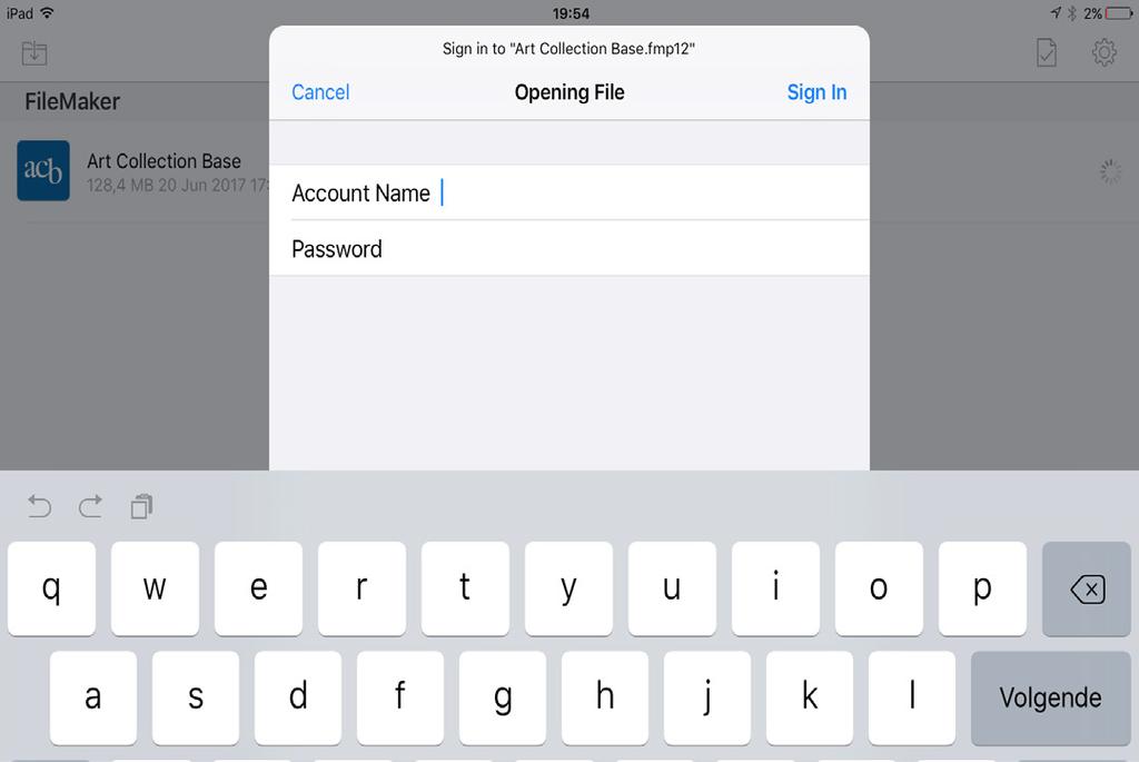 inloggen. Open op uw ipad de app FileMaker Go 6. Tik op het blauwe icoon ACB en Art Collection Base.. Vul bij Accountnaam de naam in die voor u is ingesteld.