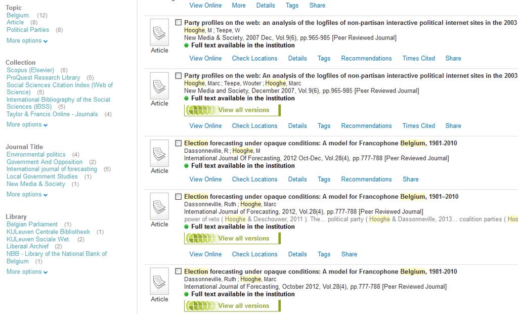 Zoeken in Limo: facet bibliotheek Refine my results: bijkomende filters