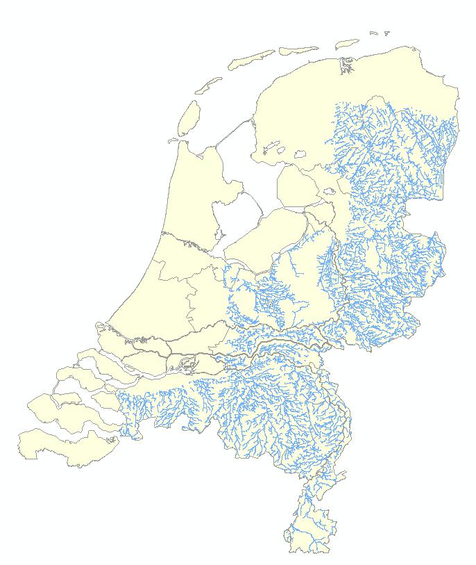 Figuur 10 Afvoerpatroon hoog Nederland Afwijkingen tussen het afstromingspatroon en de topografische kaart zijn voornamelijk te vinden in de waterlopen met een erg kleine afvoer, de haarvaten van het