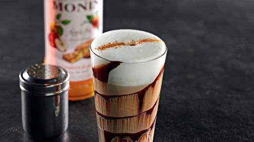 LATTE MACCHIATO APPLE PIE Volle melk 25 ml. Monin siroop Apple Pie Monin chocoladetopping 30 ml. enkele espresso Kaneelpoeder Giet 20 ml.