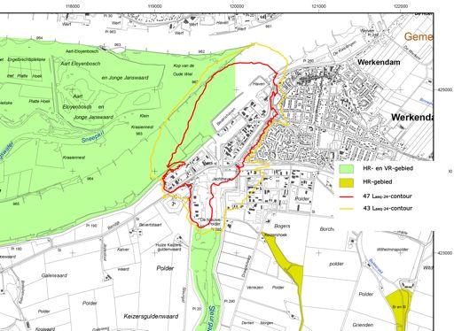 Figuur 5: 47 en 43 LAeq-24-contouren in relatie tot Natura 2000-gebied. Bronnen: Ministerie van LNV (begrenzing Natura 2000) en SPA (geluidscontouren). 3.