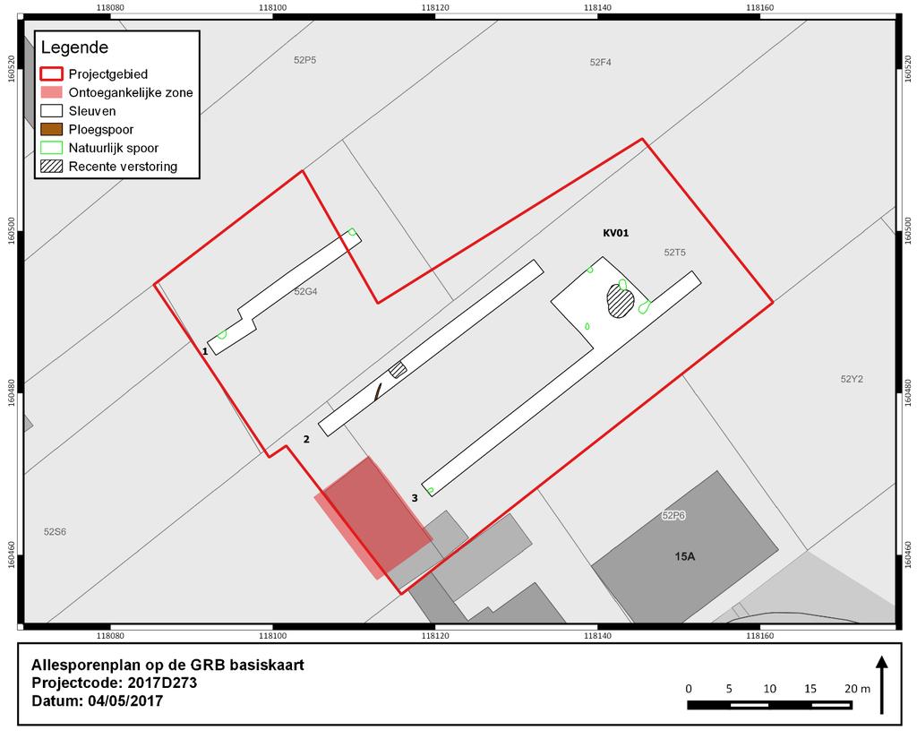 2.5.3 Spoorbeschrijving en -interpretatie Figuur 13: Allesporenplan met aanduiding van proefsleuven en sporen (bron: GRB).