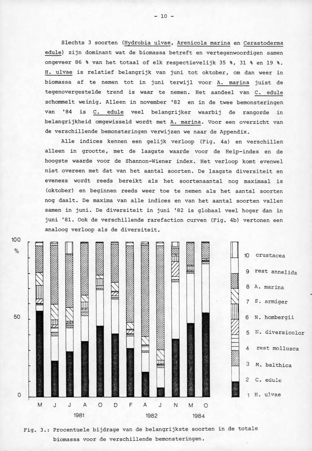 Slechts 3 soorten (Hydrobia ulvae, Arenicola marina en Cerastoderma edule) zijn dominant wat de biomassa betreft en vertegenwoordigen samen ongeveer 86 % van het totaal of elk respectievelijk 35 %,