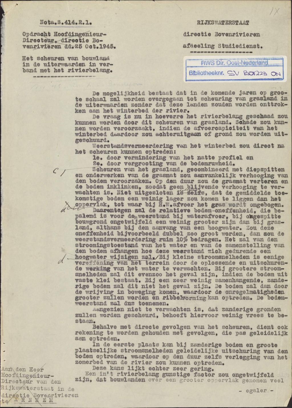 IIota.3.414.R.l. Opdracht Hoofdingenieur- Directeur, directie Bovenrivleren dd,25 Oct.1945. RIJKS ".