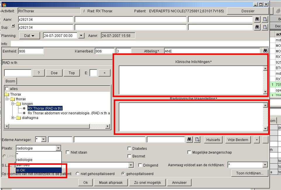 Vul gegevens in; heel belangrijk plaats: in OK (ook voor patiënten op de