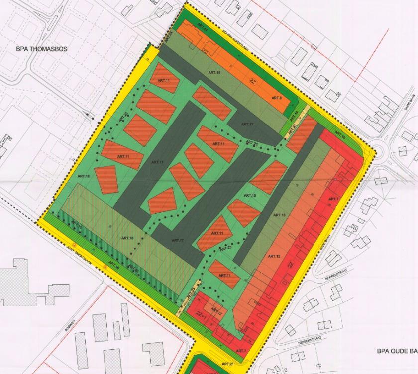 Aan de rest van het plangebied wordt volgens de stedenbouwkundige voorschriften van het BPA de volgende specifieke invulling gegeven: zone voor parkwoningen (art.10) langs de J.