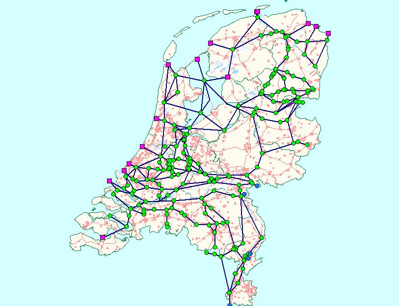 Figuur 1 Schematisch DM netwerk: knopen (groen), takken (blauw) en randknopen (paars) Het Distributiemodel netwerk is opgebouwd uit takken en knopen (zie figuur 1).