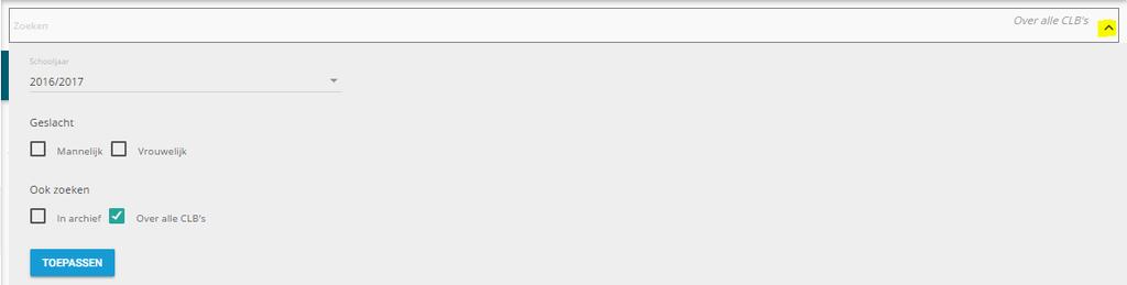 Wanneer je een leerling zoekt over alle CLB s dan klik je op het pijltje rechts van de balk Vink aan over alle CLB s en klik op toepassen. 2.