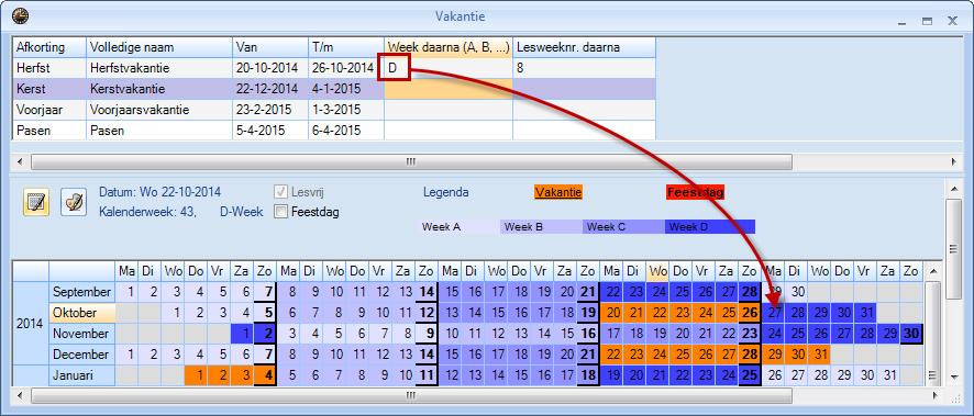 Modulairrooster 14 voorbeeld, dat na de herfstvakantie op 27 oktober wordt doorgegaan met week D, alhoewel volgens de weekperiodiciteit week A aan de beurt zou zijn. afbeelding 12 5.1.4 Afdruk van tijdvakken Bij het afdrukken van tijdvakken wordt standaard voor iedere onderbreking in een tijdvak een regel gebruikt.