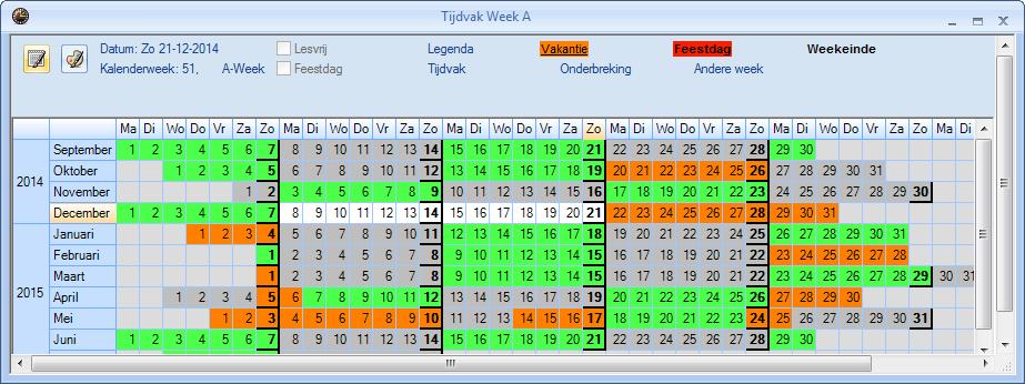 3 De kalender Met de icoon <Kalender> in het venster Tijdvakken wordt een grafische kalender weergegeven. U ziet hier in één oogopslag, wanneer het tijdvak binnen het lesjaar plaatsvindt.