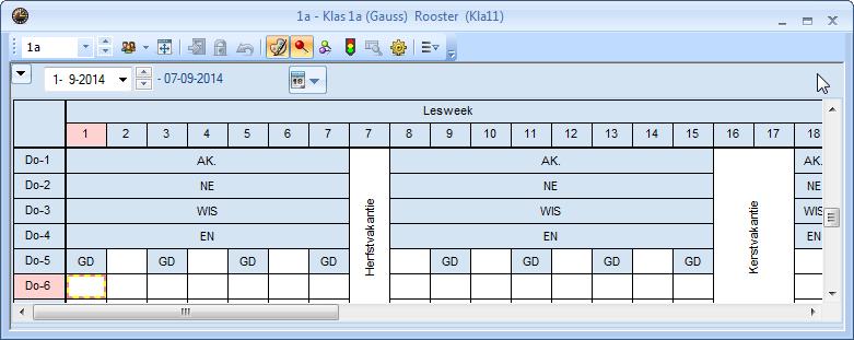 Modulairrooster 28 Een vinkje bij Sorteren op begindatum op tabblad Lay-out 2 zorgt ervoor, dat meerdere lesnummers met verschillende tijdvakken in één uurcel worden gesorteerd op de begindatum