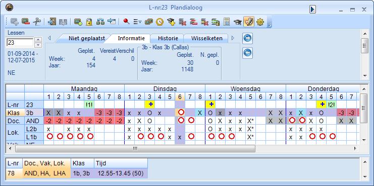 Modulairrooster 35 bepaalt de eerst genoemde klas het leidende tijdraster. Lessen, die niet in het actieve tijdraster zijn geplaatst, worden met een rode cirkel gekenmerkt.