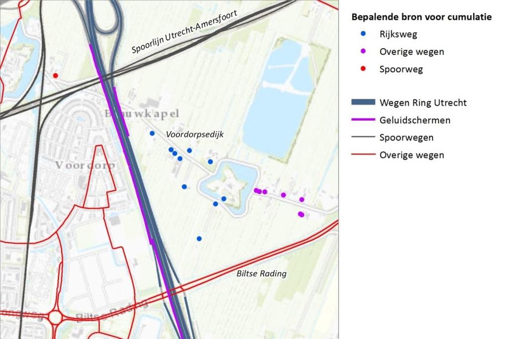 Voordorpsedijk, De Bilt Bij de woningen rond de Voordorpsedijk wordt de hoogte van de cumulatieve geluidbelasting geheel bepaald door de rijksweg.