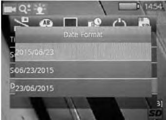 Het submenu Set Time wordt weergegeven. 3. Kies met de omlaag-toets (15) Date Format en bevestig de keuze met de menu-toets (14). Het submenu Date Format wordt weergegeven. 4.