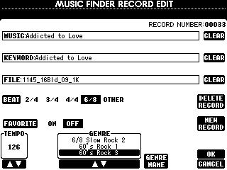 Stijlen Bestanden Bewerken Music Finder Record Edit Vanuit dit scherm, kunt u bestaande bestanden oproepen en bewerken, om ze aan uw persoonlijke wensen aan te passen.
