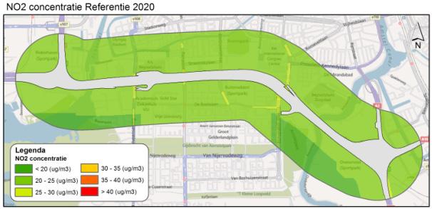 NO 2 concentratie NO 2 Referentie 2020 30.0 µg/m 3 22 25 µg/m 3 Referentie 2030 26.6 µg/m 3 21 24 µg/m 3 Uit tabel 9.