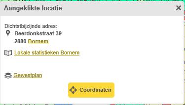 - Coördinaten: Klikken op de knop opent het coördinaten - venster en geeft de coördinaten weer van het aangeduide punt op de kaart.