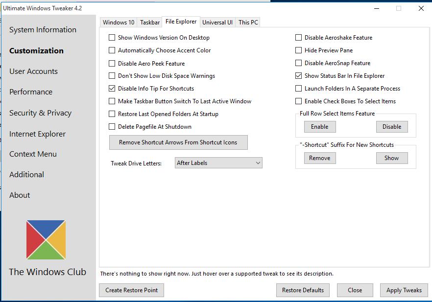 Tweak Windows Download en open de tool Ultimate Windows tweaker voor Windows 10. http://www.thewindowsclub.