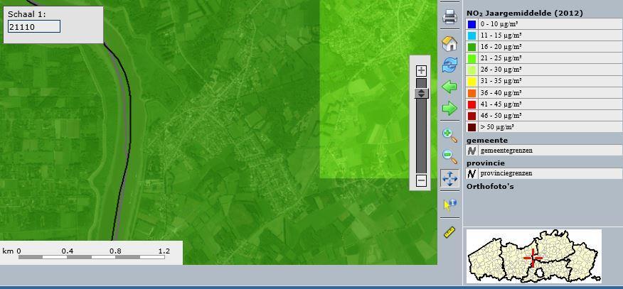 Jaargemiddelde NO 2 (2012): 19-20 µg/m³ Bovenstaande figuur visualiseert het jaargemiddelde concentratie NO2.