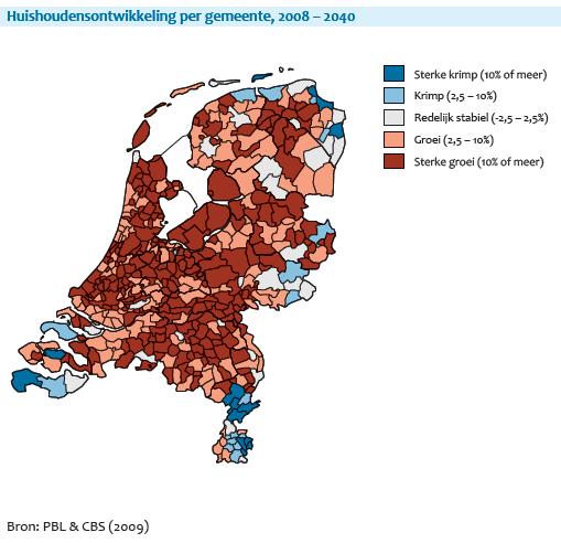 De verwachting is dat in Gelderland met uitzondering van de achterhoek het aantal huishoudens zal blijven