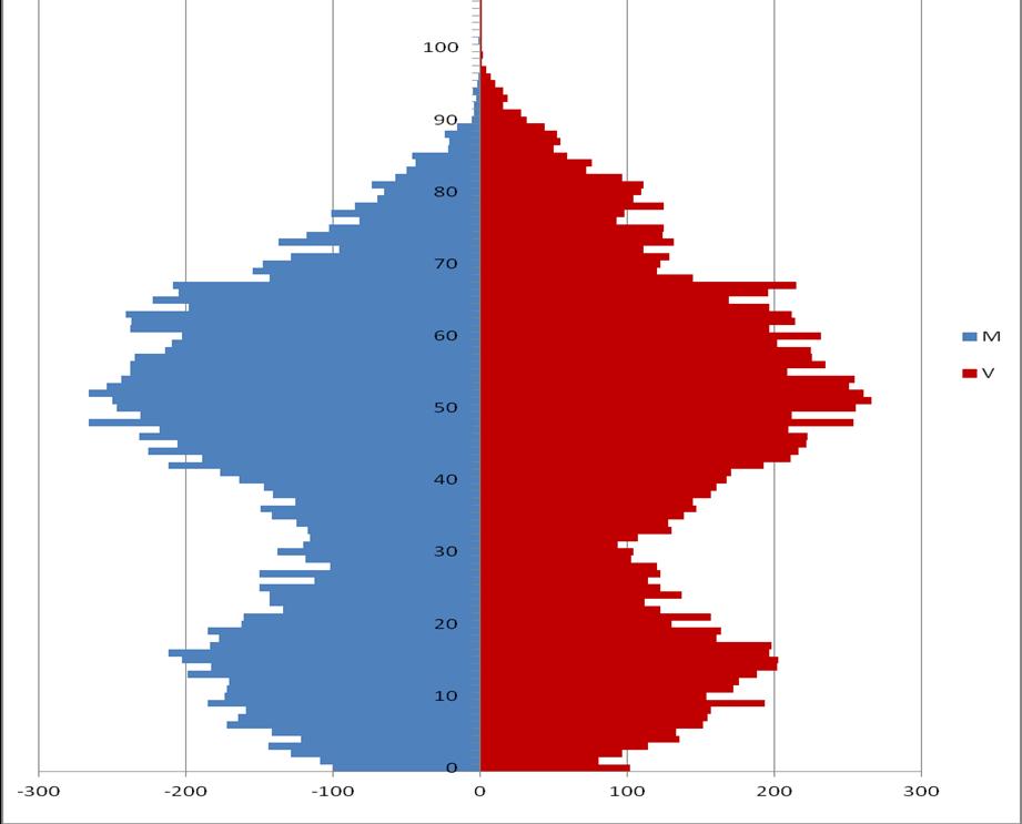 Zo ziet braindrain er uit Demografische grafiek van gemeente Boxmeer. Verticaal staat de leeftijd van 0 tot ruim 100. Horizontaal staat links het aantal mannen per jaargroep.