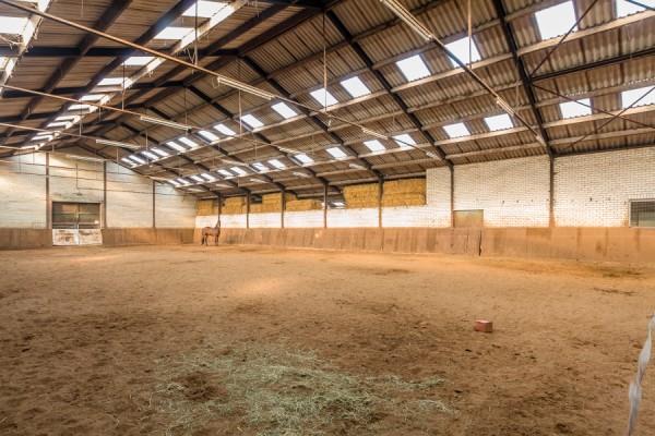 De paardenboxen 3x (ca. 4x3 mtr.) & 4x (ca. 3x3 mtr.) zijn voorzien van metselwerk voor tussen- en achterwanden met deels hardhouten, deels gegalvaniseerde schuifdeuren.